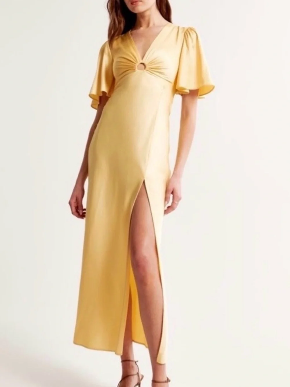 NWWT Abercrombie Yellow Flutter Sleeve Maxi Dress with Front Slit